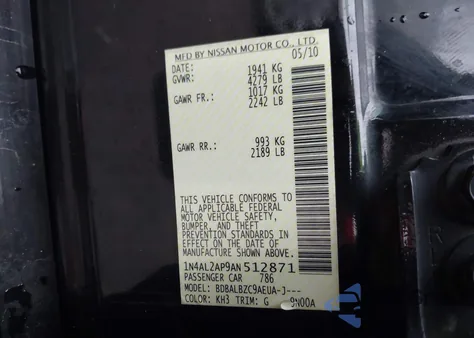 2010 Nissan Altima 2.5 S z USA, uszkodzony, nr VIN 1N4AL2AP9AN512871